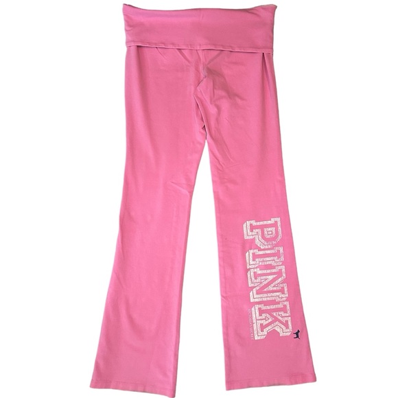 Y2K Pink VS Women’s Fold Over Waist Yoga Pants Size S Bootcut Flare Legging - Picture 1 of 10